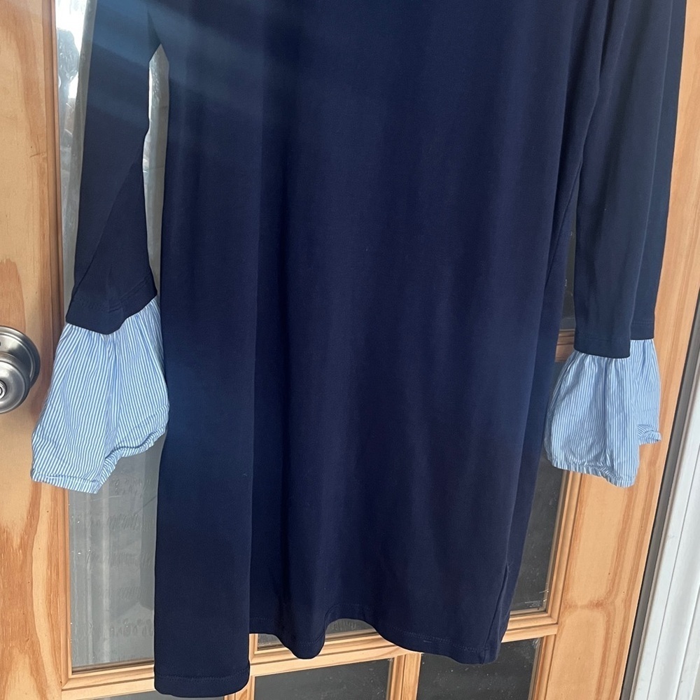 Beachlunchlounge Navy Blue Cotton shift dress w/ striped ruffle sleeve sz Large - Picture 4 of 9
